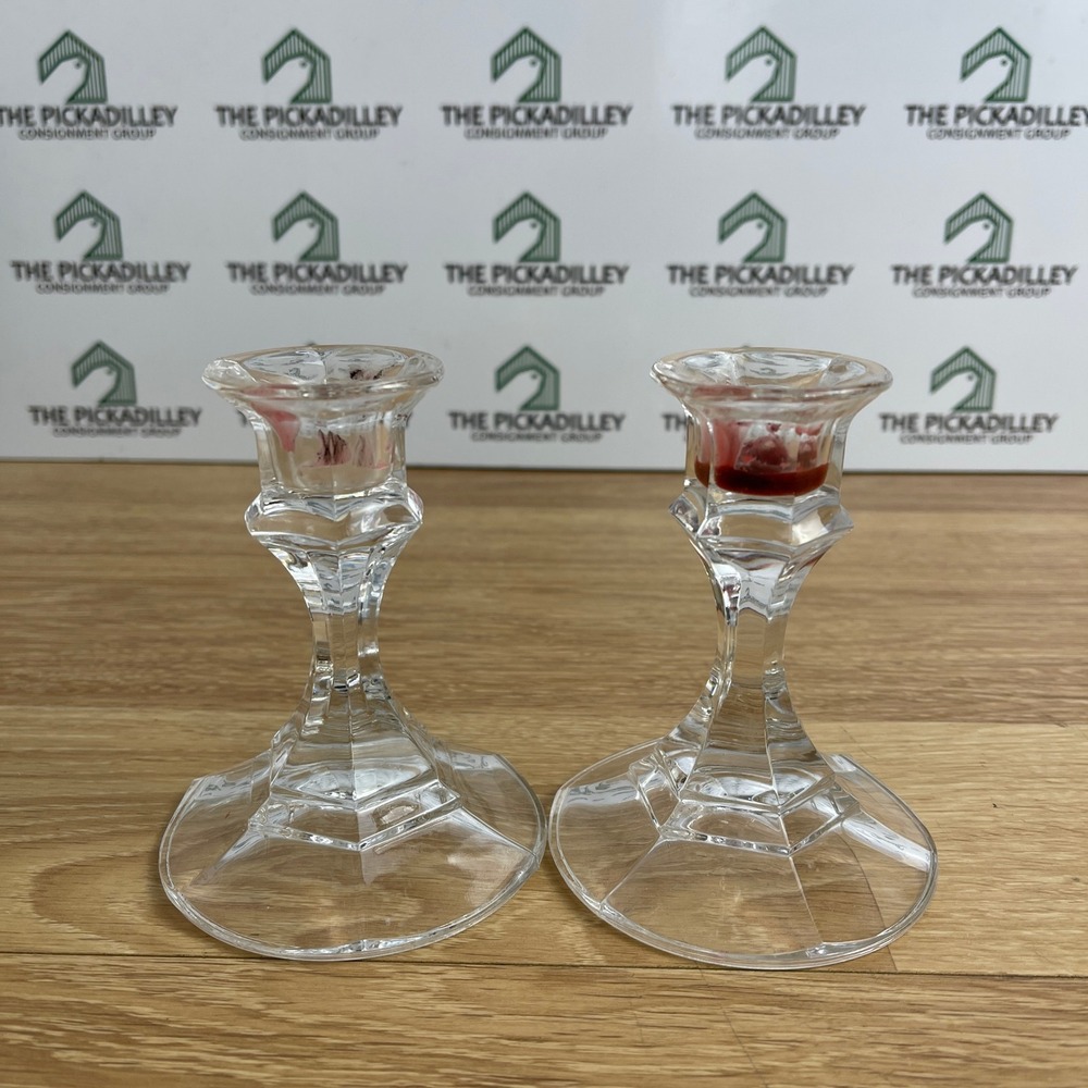 Vintage Clear Glass Taper Candle Holders Set of 2 Faceted Hexagonal Stem 4.25in